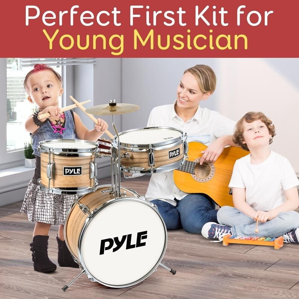 Pyle Set Ages 5-12-3 Piece Beginner Kids Drum Silencing Pads 13" Complete Junior Drummer Kit with Wooden Shells.