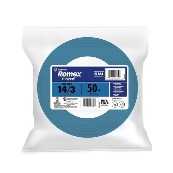 Southwire Romex SIMpull Wire, 14 Gauge, 3 Conductor, 50 Ft, W/G NM-B Cable, Blue, 63946922