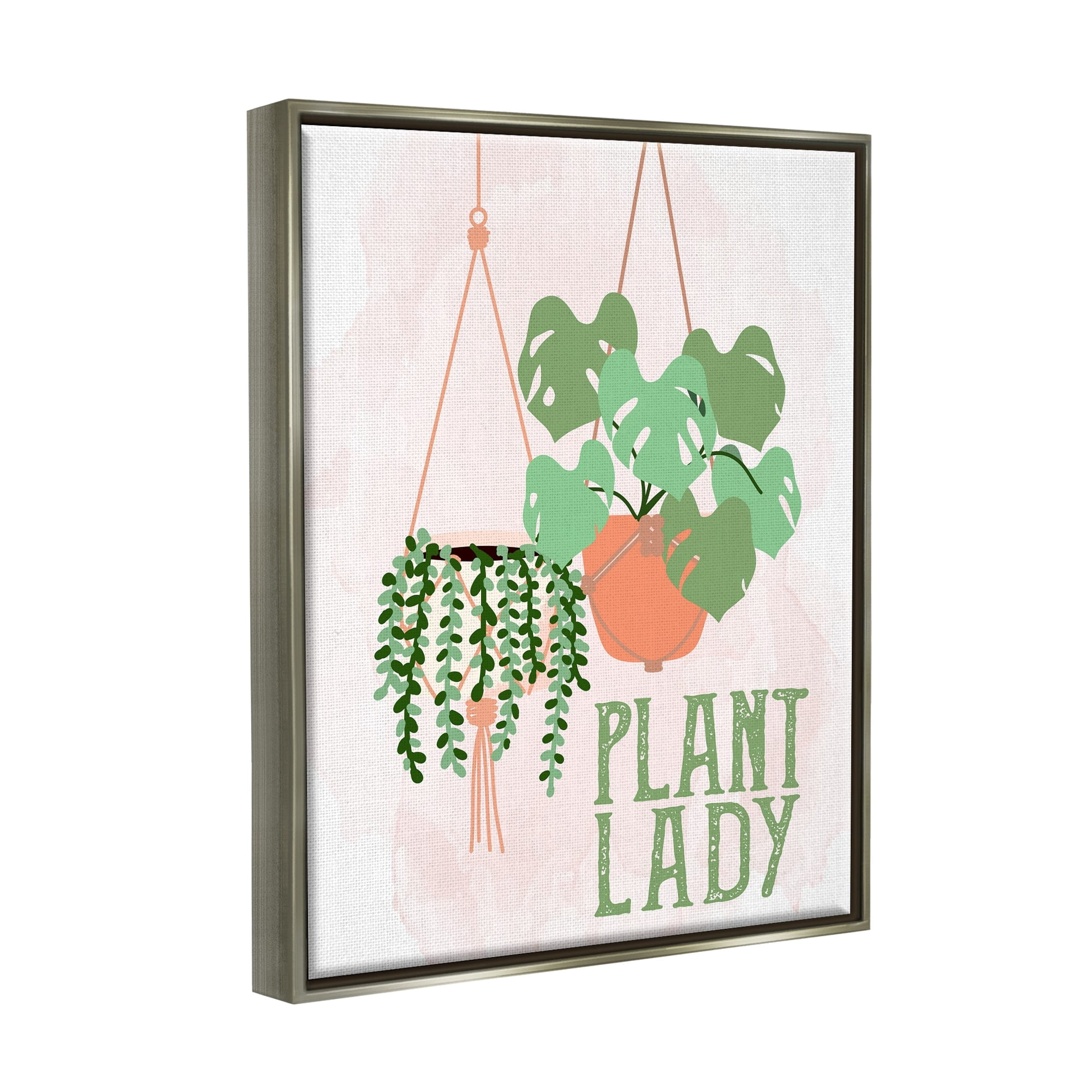 Stupell Industries Casual Plant Lady Hanging Green Potted Vegetation Graphic Art Luster Gray Floating Framed Canvas Print Wall Art, Design by Kim Allen