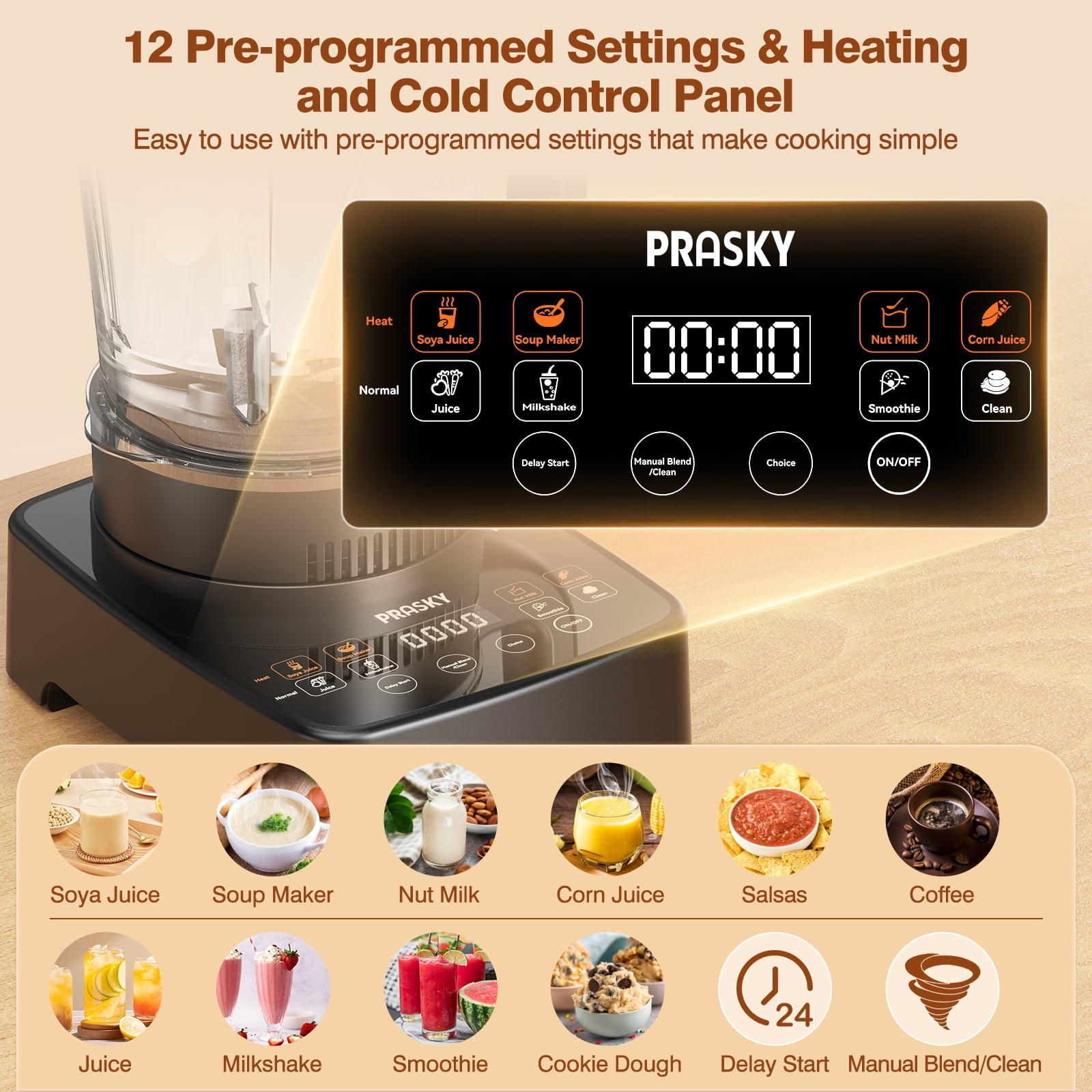PRASKY Professional Countertop Blender with Heating, 53OZ  Glass Blender, Nut Milk Maker with Stainless Steel Insulated Cup (Black)