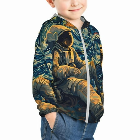 

Uemuo Astronaut Starry Night Pattern Rash Guard for Boys Girls Long Sleeve Swim Shirts UPF 50+ UV Sun Protection Hooded Fishing Shirt with Pocket for Kid-2 Years
