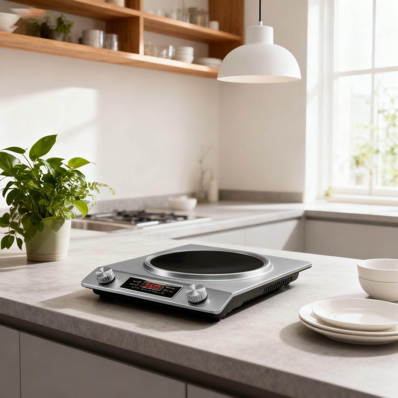 3500W Commercial Induction Cooktop - Portable Multifunctional Design with LCD Display, Knob Control, 10 Temp Settings & Concave Coil for Home/Restaurant/Food Truck,Silver