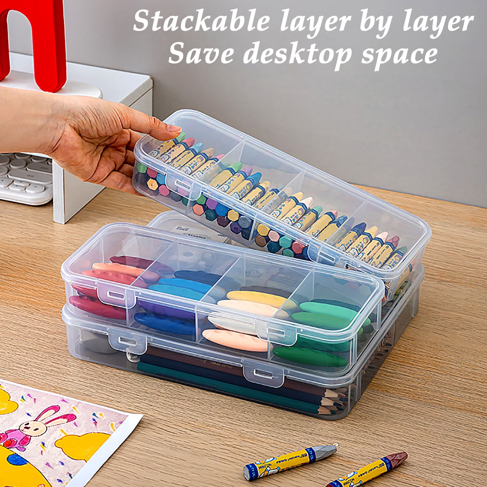 Extra Large Capacity Plastic Pencil Box, Stackable Clear Storage Organizer for Desk, Office Supplies Storage Box for Pens, Markers, Erasers and Art Supplies