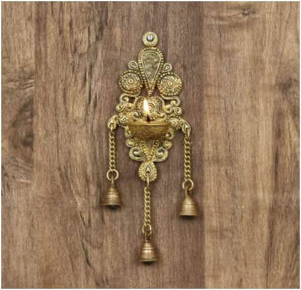 Brass Antique Design Handcrafted Wall Hanging Oil Lamp Diya with Bells Decorative Showpiece (Approx. 4 x6 x 3 Inch)