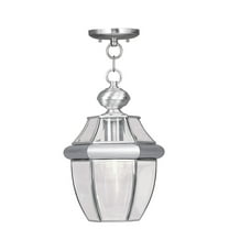1 Light Brushed Nickel Outdoor Chain Lantern Pendant Lighting Fixture with Clear Beveled Glass Shade backed with Hand Crafted Solid Brass material for patio, front porch, entryway and more