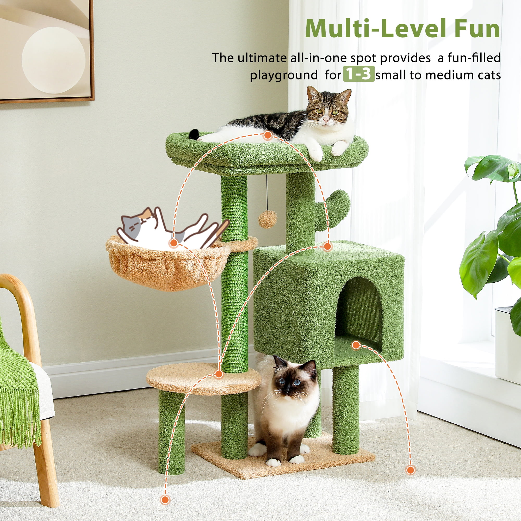 Pefilos 35.4" Cactus Cat Tree Tower for Indoor Cats w/Large Top Bed, Comfy Hammock for Kittens, Cat Scratching Post and Dangling Ball, Green