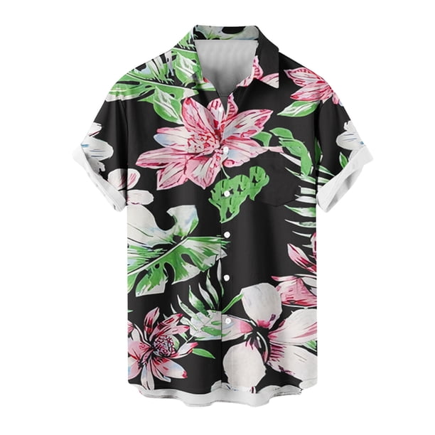 Mens Manga Corta Botón Abajo Camisas Gira Cuello Impresión Casual Blusa, Camisas de Verano para Hombre