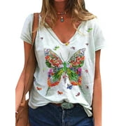 TWZH Women Butterflies Graphic Print V Neck Short Sleeve T-Shirt