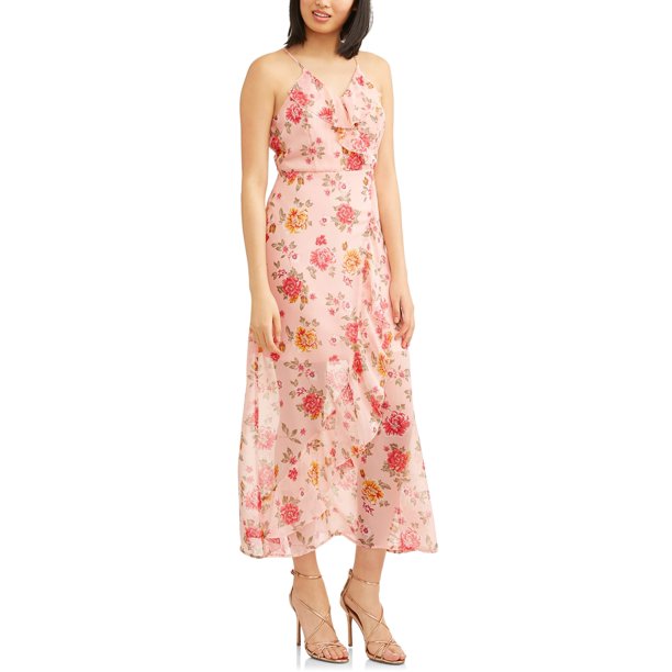 No Boundaries Juniors' faux wrap maxi dress with ruffle - Walmart.com