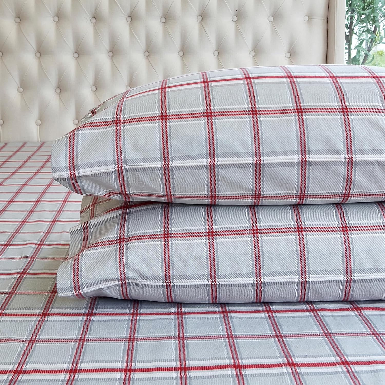 Elegant Comfort Soft 4-Piece Cotton Flannel Sheet Set -Deep Pocket Fitted Sheet, Flannel Sheets - Queen, Plaid Gray