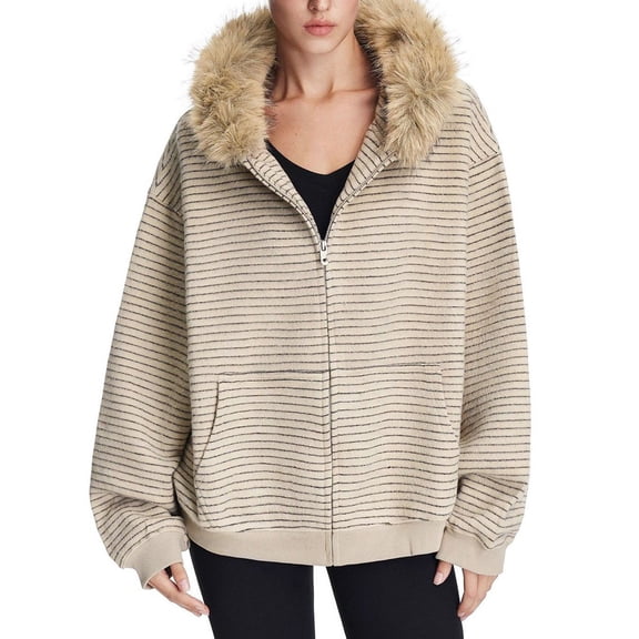 Women's Y2K Striped Faux Fur Collar Zip-Up Hoodie - Vintage Streetwear Fuzzy Knit Jacket, Loose Edgy Outdoor with Pockets