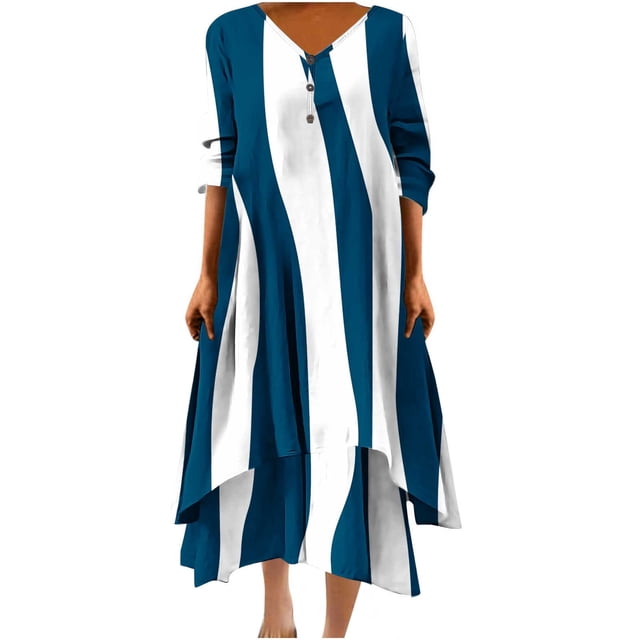 Pisexur Robes d'Été pour Femmes Mode Rayée Imprimée Col en V Robe Maxi Décontractée Manches 3/4 Robe d'Été Tendance Ample Ourlet Irrégulier Bouton Robe de Plage Grande Taille Robe Longue P-5TG