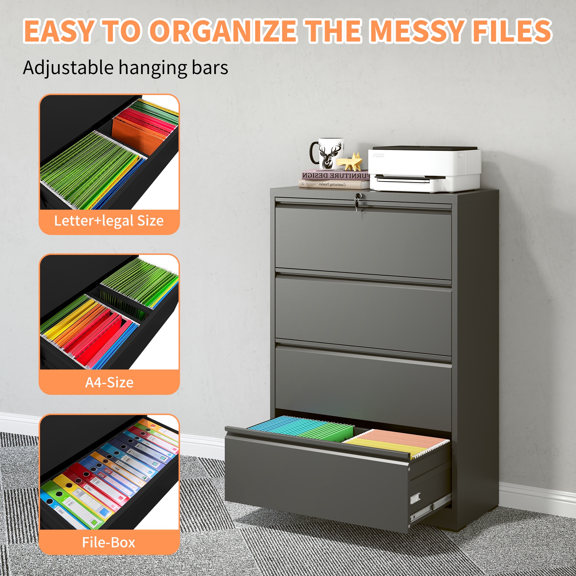 CASEMIOL 4 Drawer Lateral File Cabinet, Lockable Metal Filing Cabinet with Wide Storage Drawers for Legal/Letter/A4 Files, Steel Office Storage Cabinet for Home or Commercial Use, Black