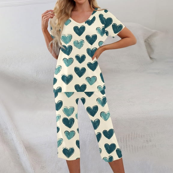 Kixjoy Capris Sets Women 2 Piece Outfits Short Sleeve Tracksuits Casual Fall Sweat Capris Sets Valentines Plus Size Loose Fit Sweatsuits for Women with Pockets, Turquoise XL