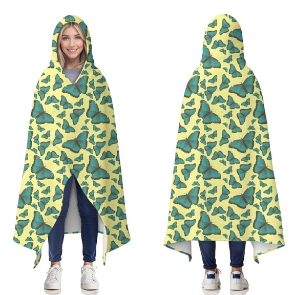 Wearable Blanket,Yellow Blue Butterfly Pattern Hooded Wearable Flannel Blanket for Adults & Teens,Winter Poncho Shawl Wrap Cape Cozy Anti-Pill,50"x60"