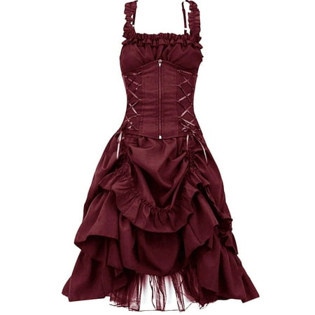 BSDJILFG Plus Size Gothic Dresses for Women Retro Vintage Steam Punk Bodycon Layered Sleeveless Solid Color Strap Corset Gown Slip Formal Dresses Clearance 3XL-5XL