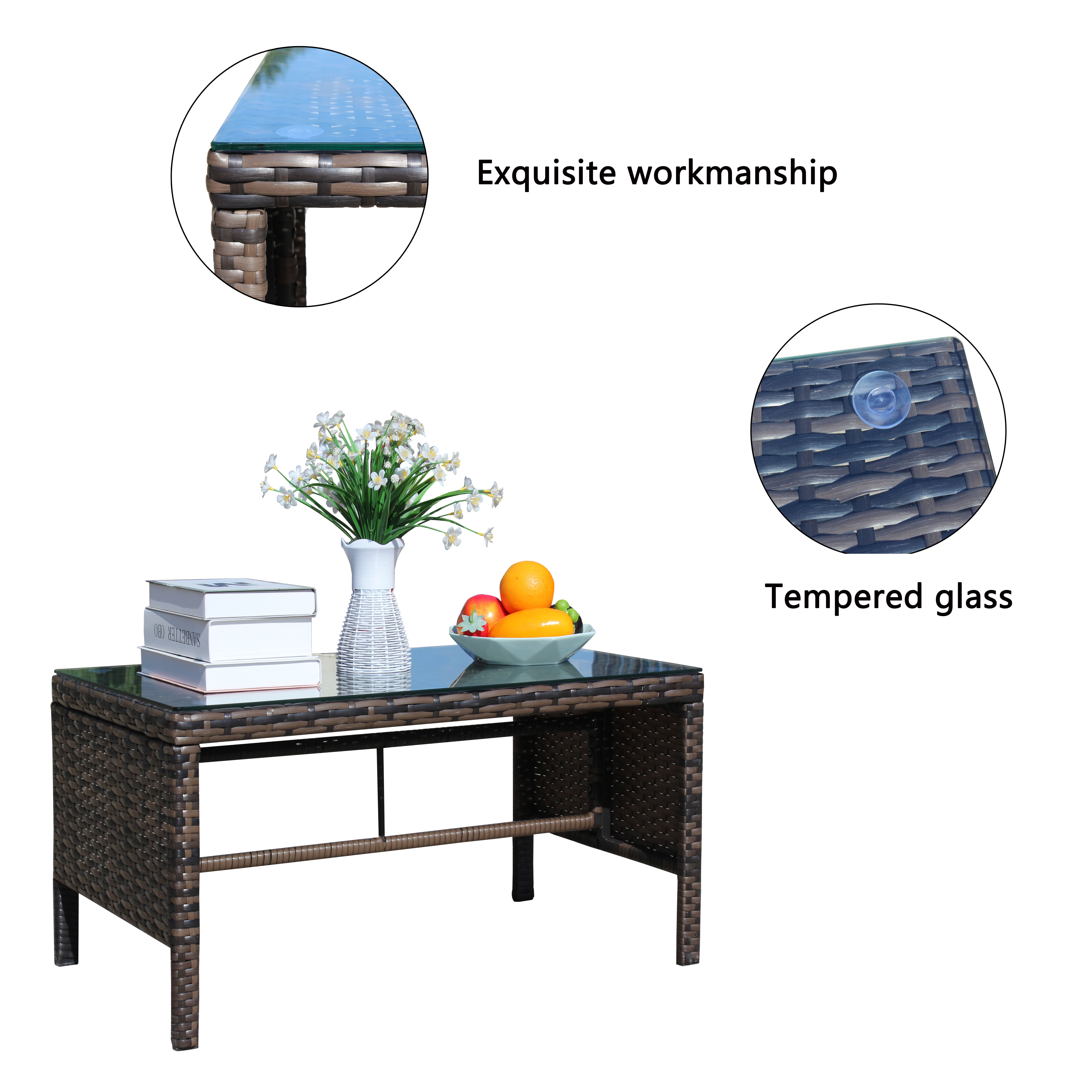 Tempered Glass Top Patio Coffee Table for Garden Backyard Deck Balcony Outdoor Leisure Living Space, Brown