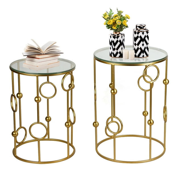 Homebeez Round Side Table, Glass End Table with Metal Frame, Gold Coffee Table with Modern Style