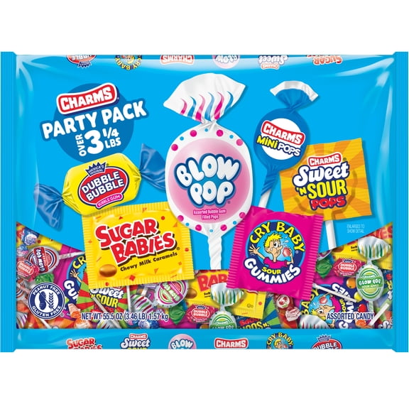 Charms Party Pack, Assorted Candy, Variety Mix 55.5 oz. Bag. Peanut Free, Gluten Free. Contains Milk and Soy.