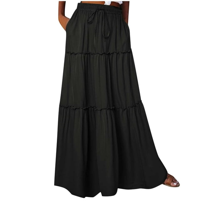 JUNWELL Womens Boho Maxi Skirts Elastic Waist Ruffle Tiered Pleated A-Line Flowy Beach Vacation Summer Skirts with Pockets