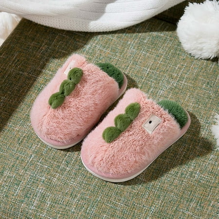 

Huilaibazo Cute Autumn Winter Boys Girls Slippers Flat Bottom Round Toe Lightweight Soft Comfortable Warm Solid Color Dinosaur