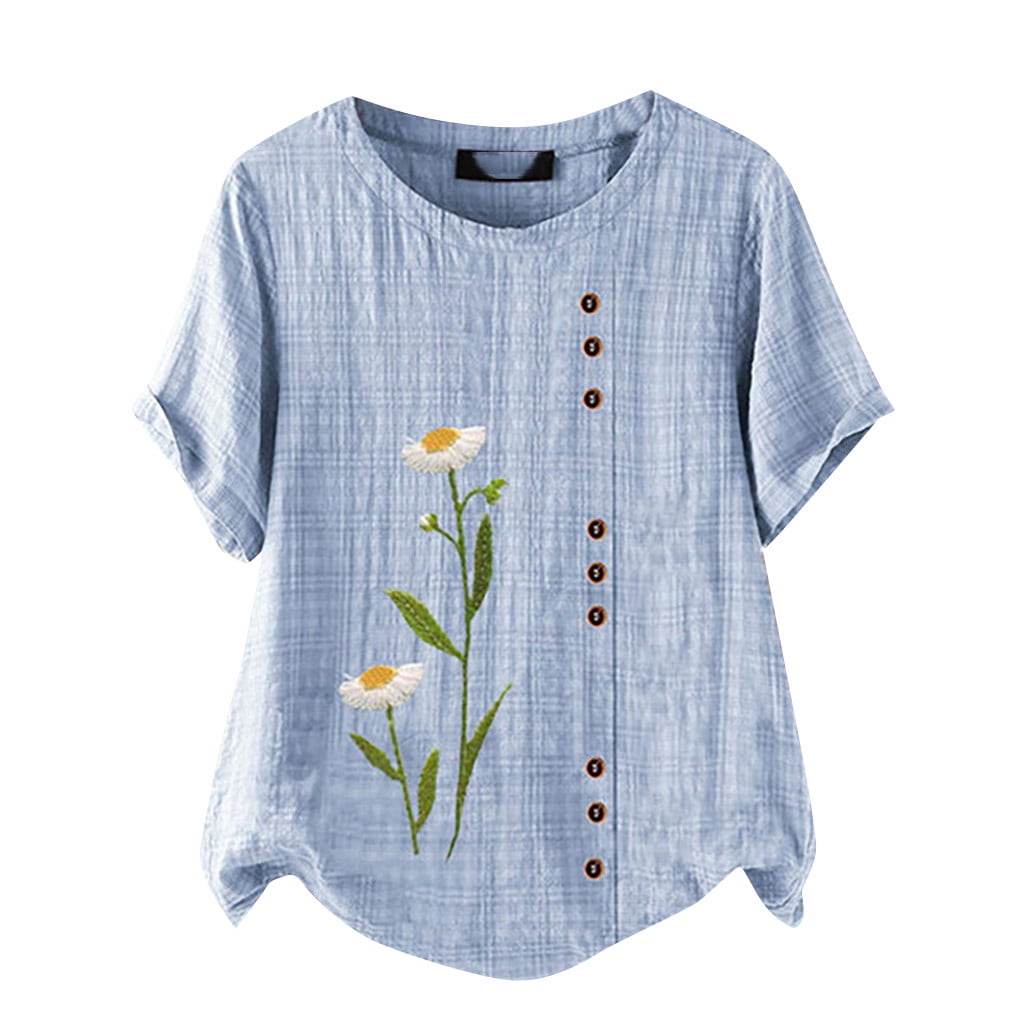 Womens Short Sleeve Cotton Linen Camp Shirts Jacquard Top TShirt Plus