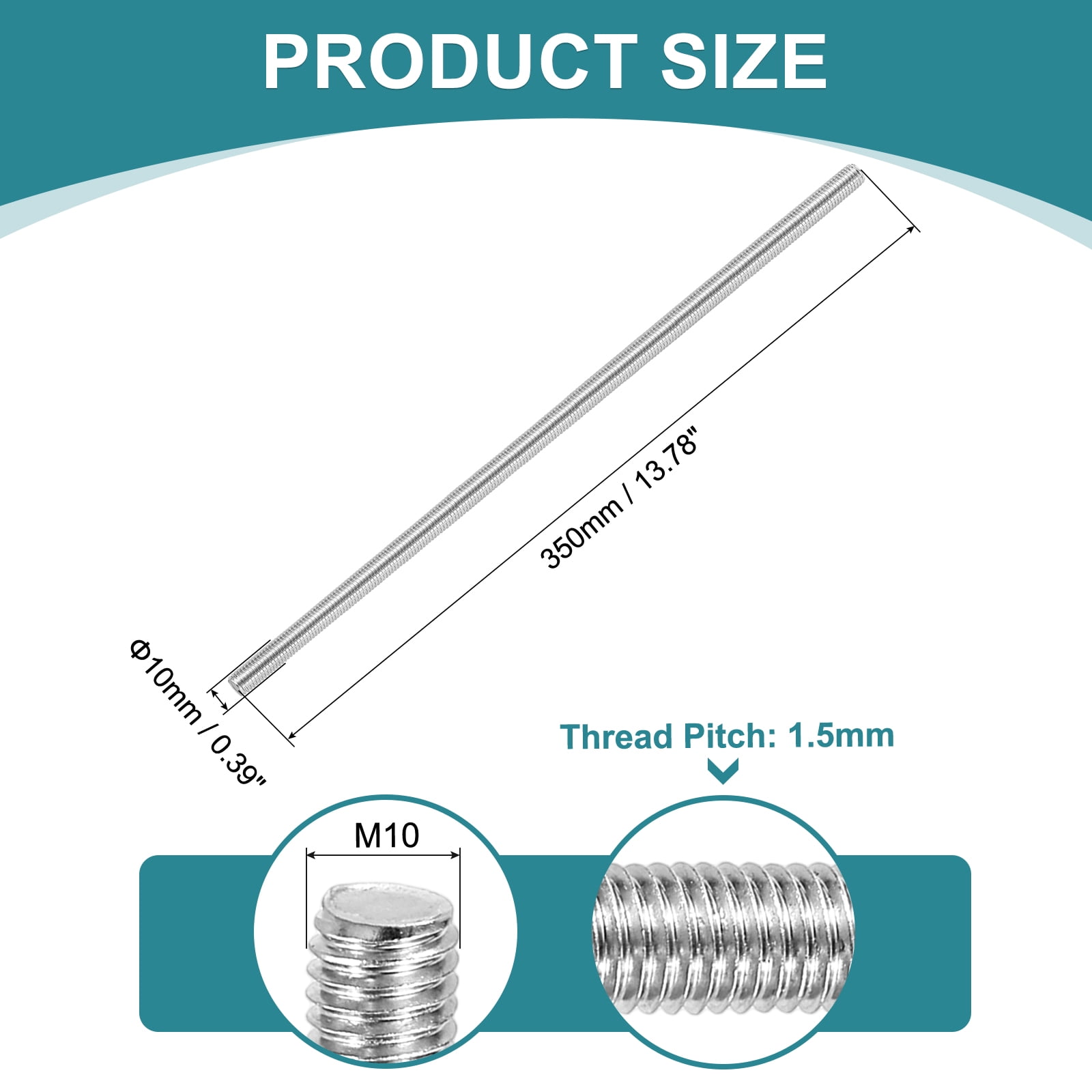 2Pcs Fully Threaded Rod, M10 x 350mm 201 Stainless Steel with Nuts Washers