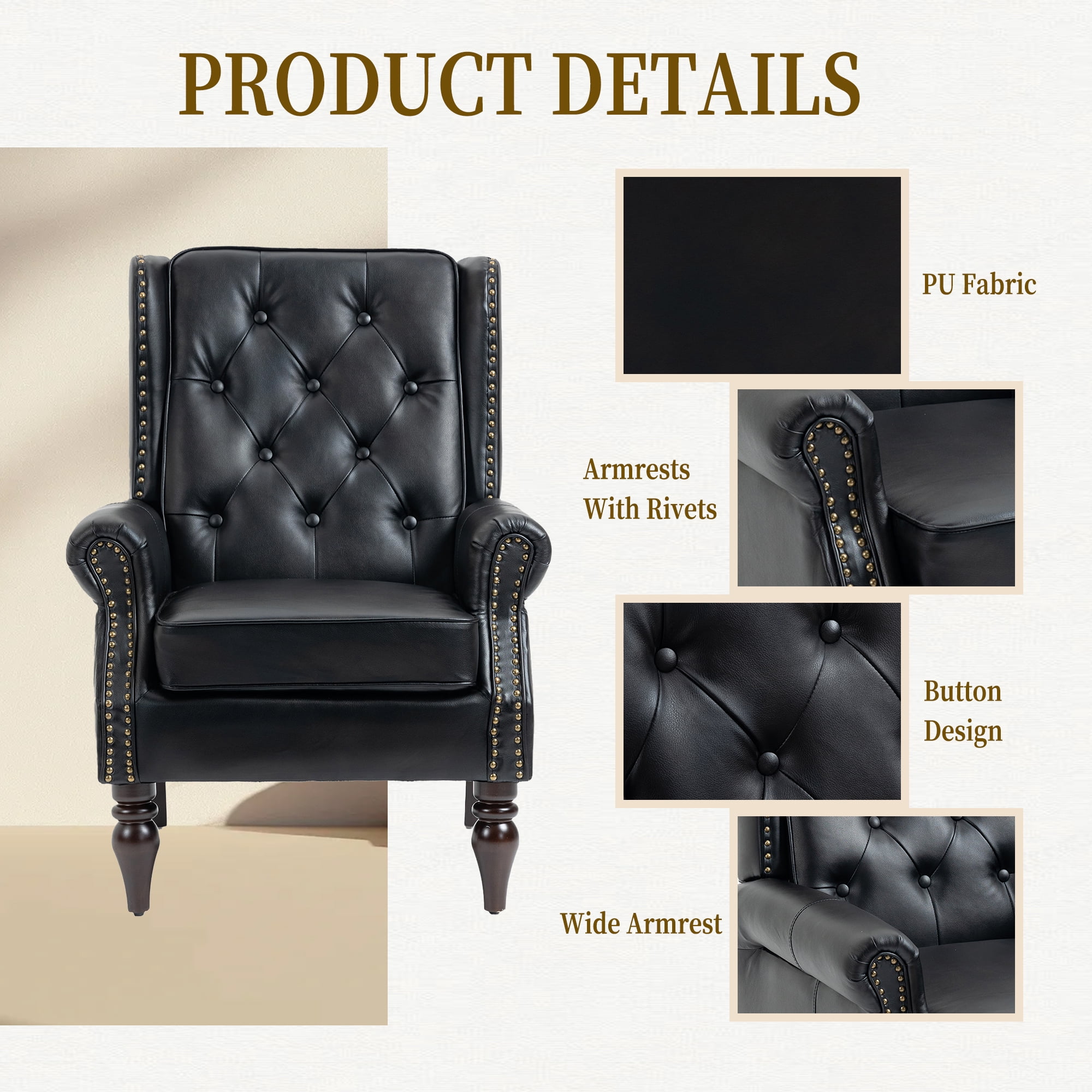 Miniyam PU Leather Armchair with Wood Frame, Modern Accent Chair Lounge Chair with Sturdy Wood Legs, for Living Room Bedroom,Black