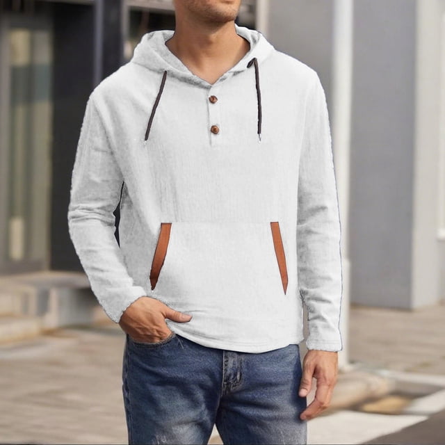 pstuiky Camisas suaves de manga larga para hombre, Blusa/camiseta informal de manga larga con capucha y cordón de color liso para hombre tops de invierno para hombre xxxl