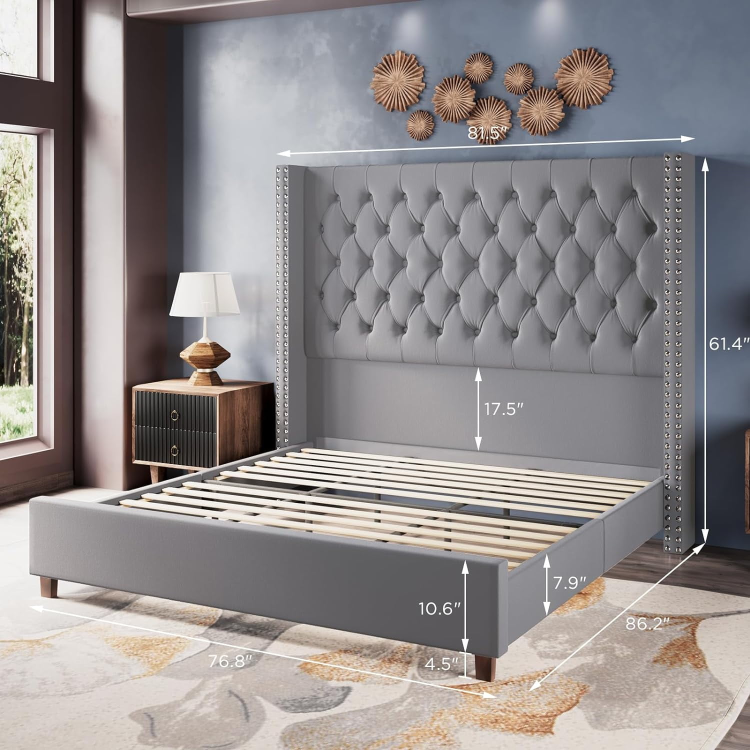 Merluxy King Bed Frame with Deep Button Tufting and 61.4" Tall Headbord,Velvet Upholstered,Grey