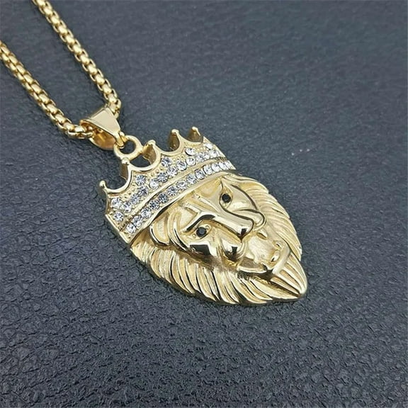 Inesun Mens' Hip Hop Jewelry Iced Out Bling Crown Lion Head Pendant 14K Yellow Gold Necklace for Men Gift Present