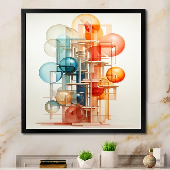 Designart "Harmony of Orange and Blue Circles III" Abstract Framed Wall Art Decor - Modern Orange Abstract Geometric Entryway Framed Wall Art