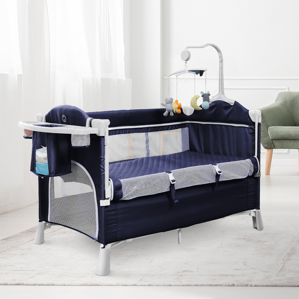 Erkang Baby Crib with Changing Table, Portable Infant Bed