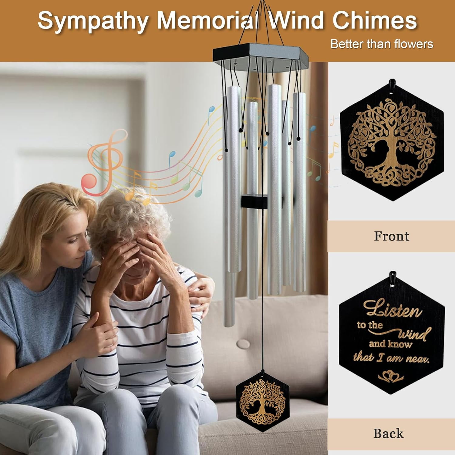 Wind Chimes for Outside, 33 inch Memorial Wind Chime in Memory of Loved Mon Dad, Sympathy Gifts, Tree of Life Windchime Deep Tone Create a Zen Atmosphere for Garden Home (Silver)