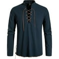 thumbnail image 2 of BiZtdJrK Mens Long Sleeve Shirts Lace Up Stand Collar Hippie Clothes Renaissance Pirate Tops Medieval Costume, Navy, XL, Man Gifts for Men, 2 of 6
