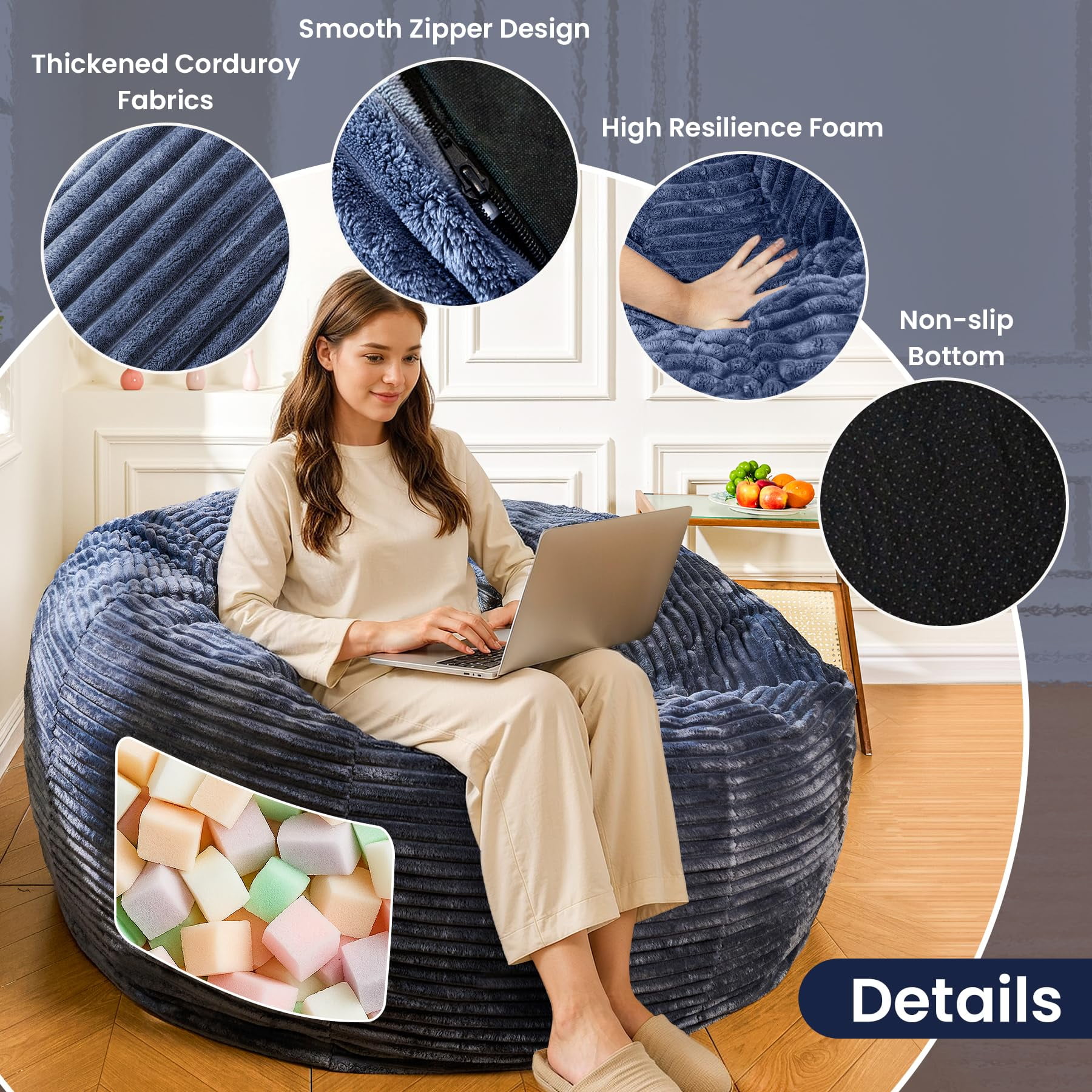 Baxluxe 60-Inch Adult Bean Bag Chair, Comfortable Oversized Chair with Memory Foam Filling, Ultra-Soft Lounge Bean Bag Sofa for Living Room or Bedroom