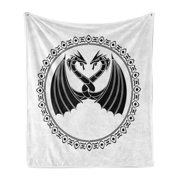 Celtic Dragon Soft Flannel Fleece Throw Blanket, Girded Creature Necks in Circle Tribal Motif Frame Print, Cozy Plush for Indoor and Outdoor Use, 70" x 90", Charcoal Grey and White, by Ambesonne