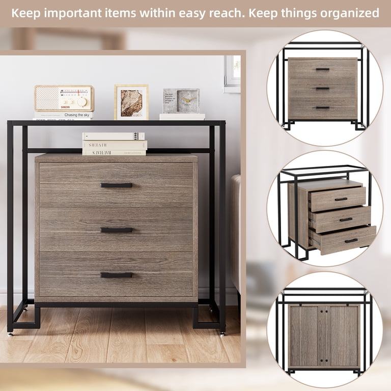 mixed material 3 drawer dresser medium brown M optimized Dressers for Bedroom Chest with Wide Storage Space, Wood Drawer Dresser, Large Storage Cabinet with Steel Frame & Tempered Glass Top, Rustic SID-CHC26183