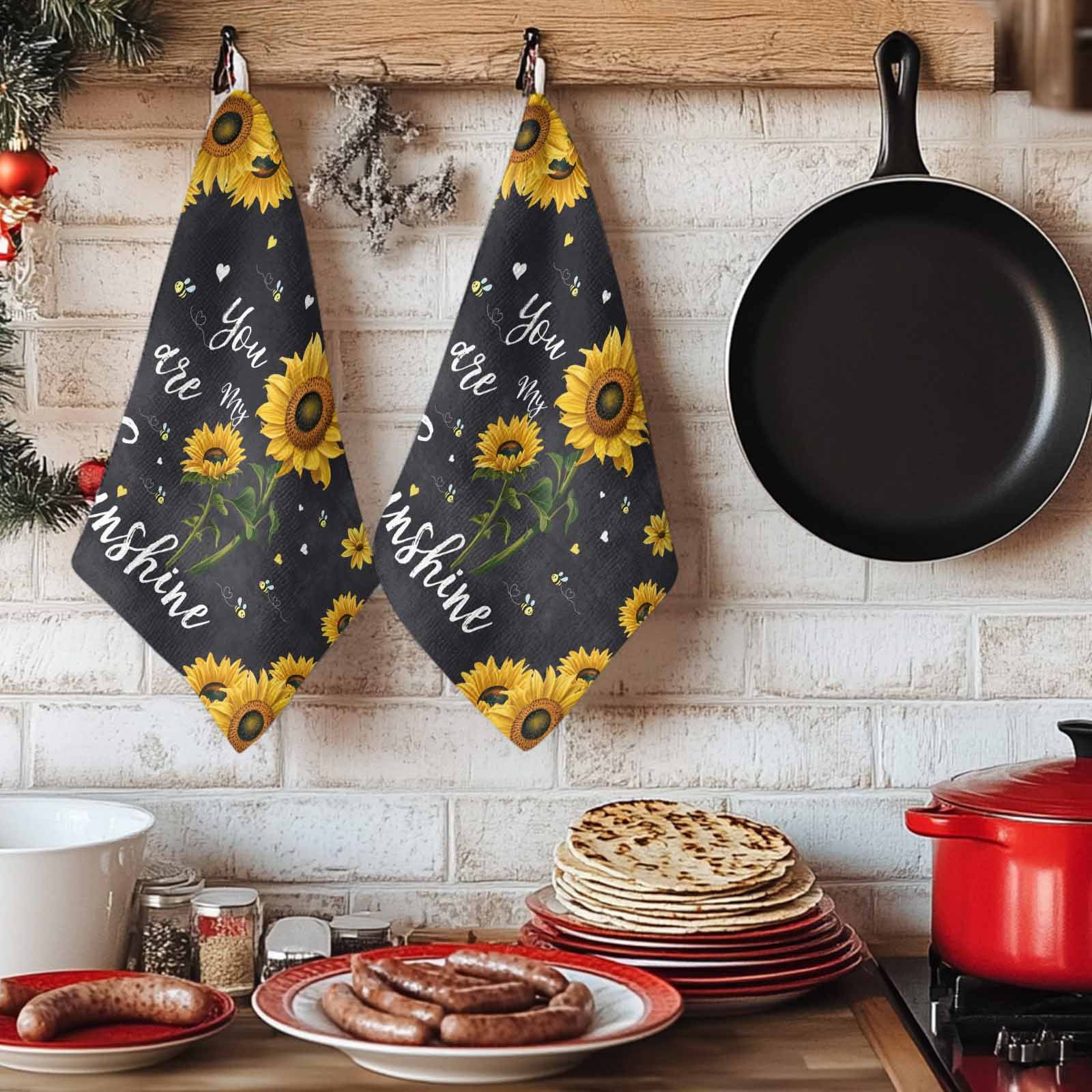 Black Sunflowers Kitchen Towels Set of 2, Vintage Garden Floral Bees Farmhouse Absorbent Dish Towels for Kitchen, Microfiber Hand Towel, Quick Drying Tea Towel for Cleaning Decorative Dishcloths