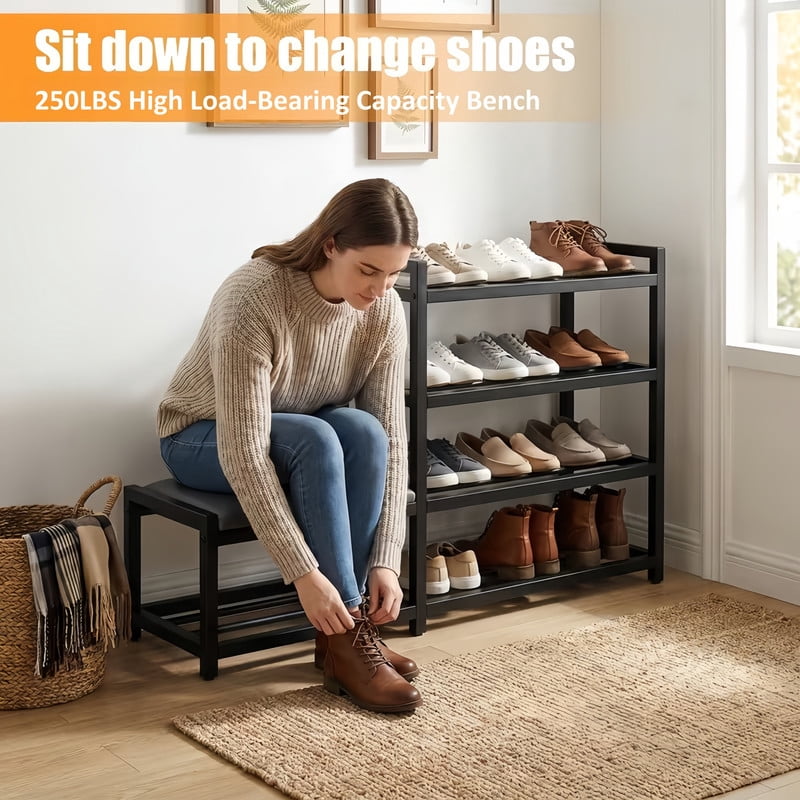 4-Tier Shoe Rack and Upholstered PU Leather Shoe Bench Set of 2, Carbon Steel Free Standing Shoe Storage Shelf
