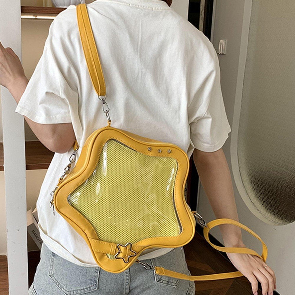 Yellow Star Backpack PU Leather Shoulder Bag Star Shape Tote Bag, Cute bag Y2K Spicy Travel Backpack Messenger Bag