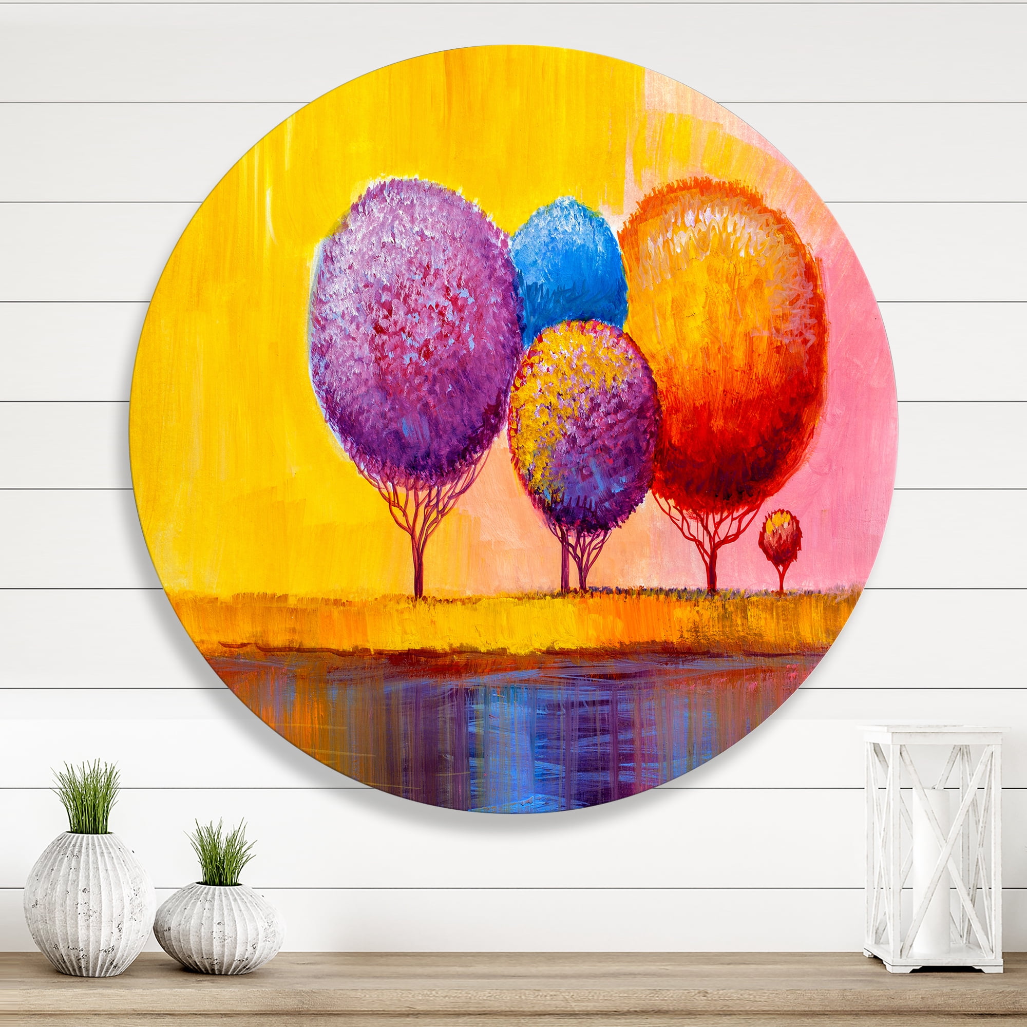 Designart 'Autumn Colorful Fantasy Trees I' Modern Circle Metal Wall Art 23x23 - Disc of 23