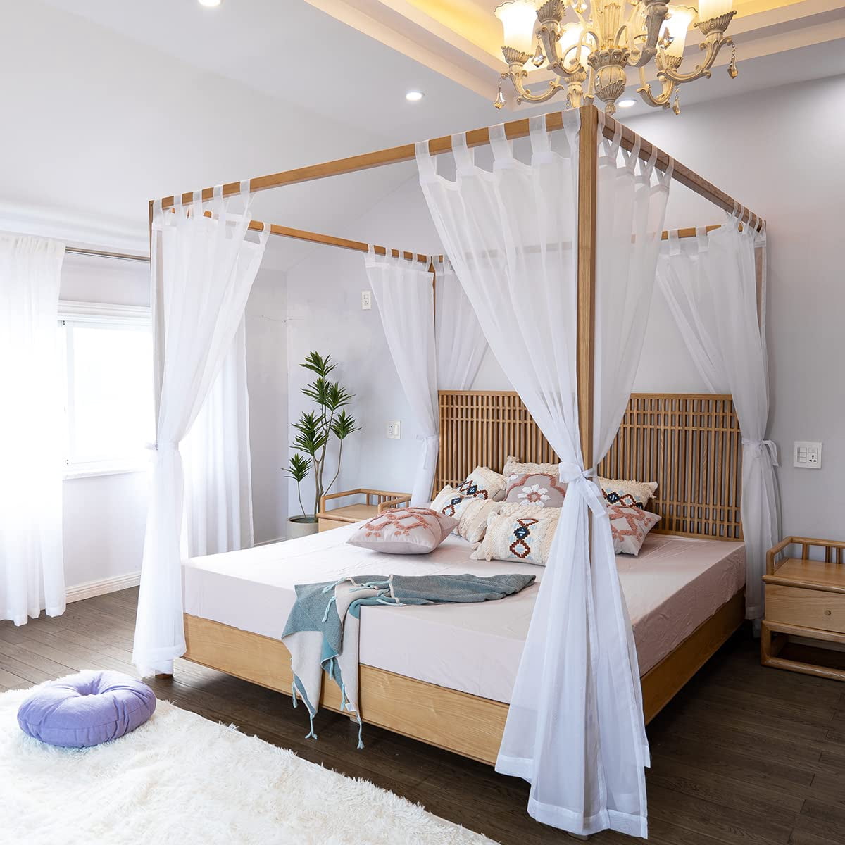 Sheer Bed Curtains For King  Queen Full And 4 Corner Canopies & Drapes Four Poster Beds White