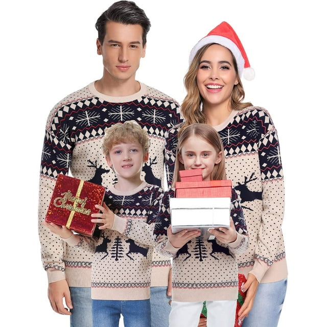 Totatuit Chandail de Noël Assorti pour la Famille Col Rond Rennes Flocons de Neige Chandail Tricoté Laid pour Hommes Femmes