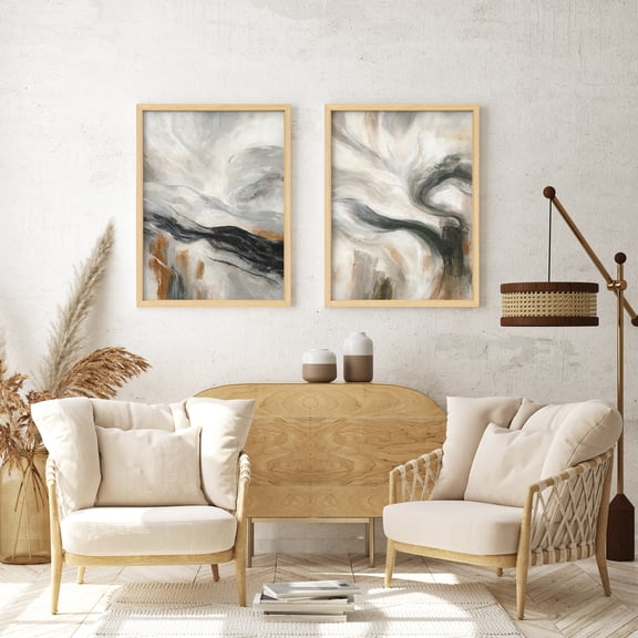 Framed Print Wall Art Set of 2 - Neutral Abstract Poster Art - 2 Pieces Minimalist Modern Wall Decor for Living Room - 12"x16"x2 Natural