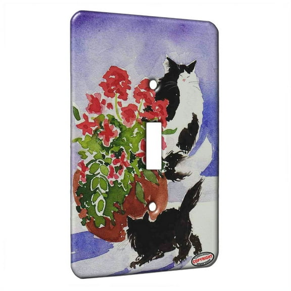 KuzmarK™ Single Gang Toggle Switch Wall Plate - Black and Tuxedo Maine Coon Kitties with Geraniums Cat Art by Denise Every