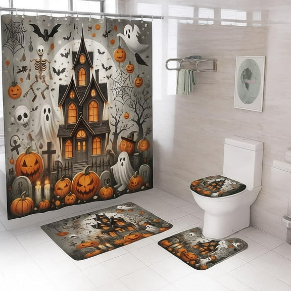Halloween Shower Curtain Set 4 PCS – Haunted House Bathroom Decor with 12 Hooks, Includes Shower Curtain, Bath Mat, Contour Rug & Toilet Lid Cover – Spooky Pumpkin Ghost Theme