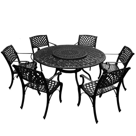 Outdoor Aluminum 7pc Round Patio Dining Set, Lazy Susan, Six Chairs
