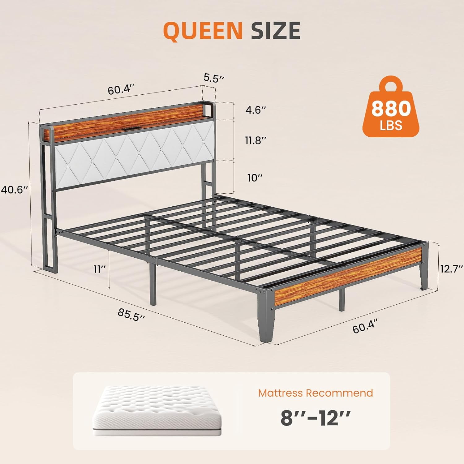 Queen Size Bed Frame, Bed with Headboard, 800LBS Heavy Duty Mattress Foundation with Steel Slats Support (No Box Spring Needed)
