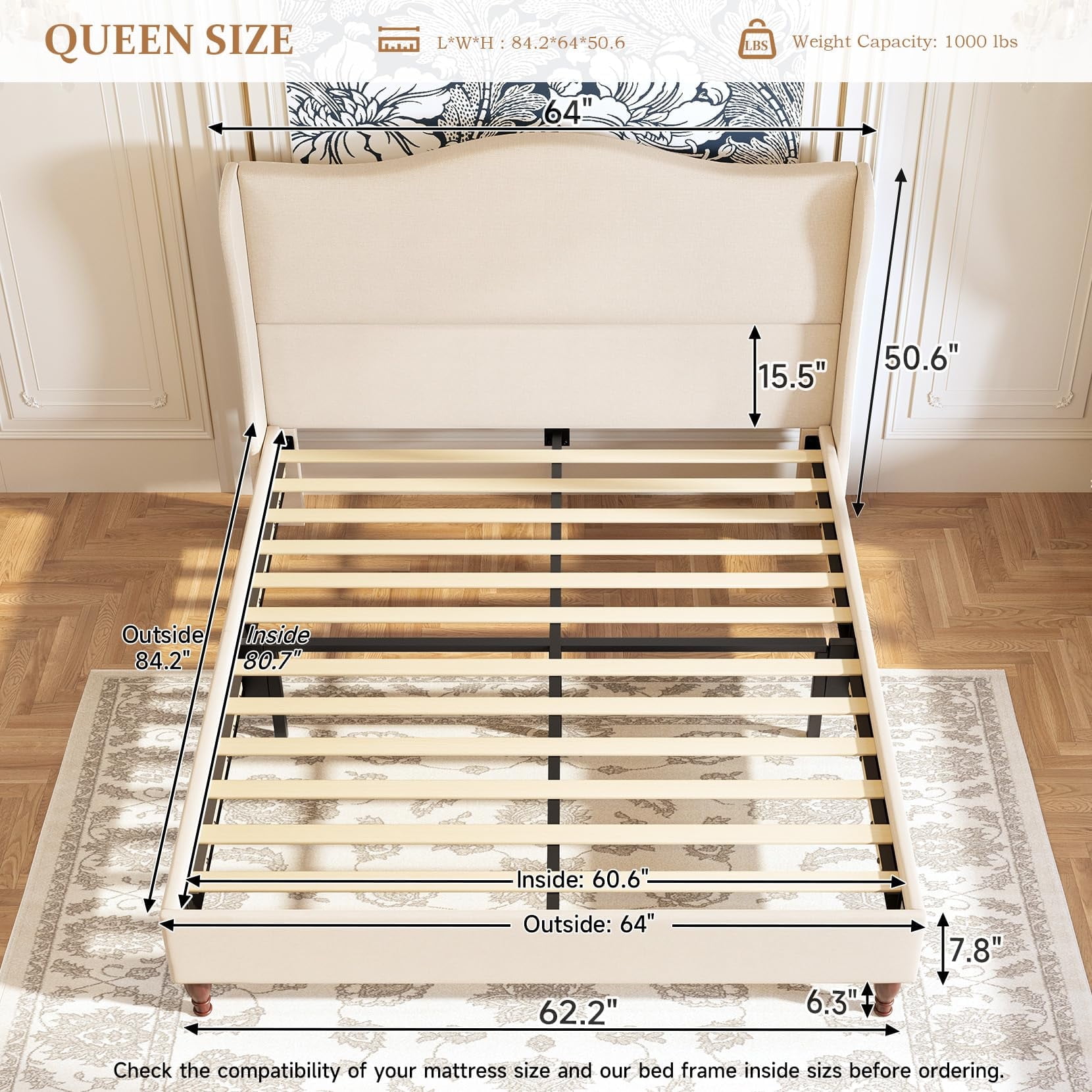 Neche Queen Upholstered Platform Bed Frame - 51" Tall Curved Wingback, Soft Fabric, Retro Sleigh Style, No Box Spring Needed, Easy Assembly, Beige